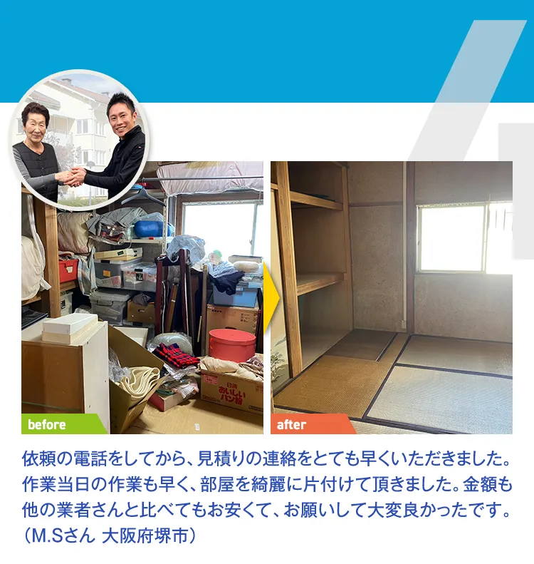 依頼の電話をしてから、見積もりの連絡をとても早くいただきました。作業当日の作業も早く、部屋を綺麗に片付けて頂きました。金額も他の業者さんと比べてもお安くて、お願いして大変良かったです。（M.Sさん 大阪府堺市）